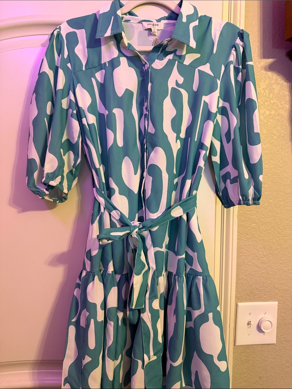 Umgee Teal and White Abstract Print Shirt Dress